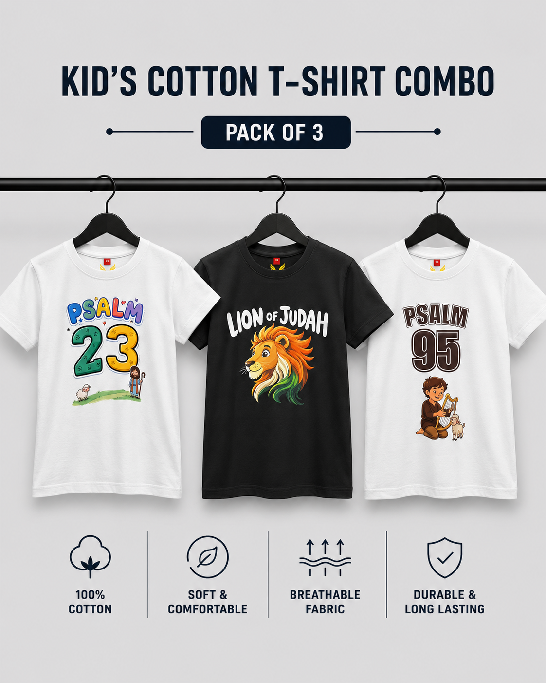 Combo of Psalm 23, Lion of Judah & Psalm 95 Kid's Cotton Round Neck T-Shirts