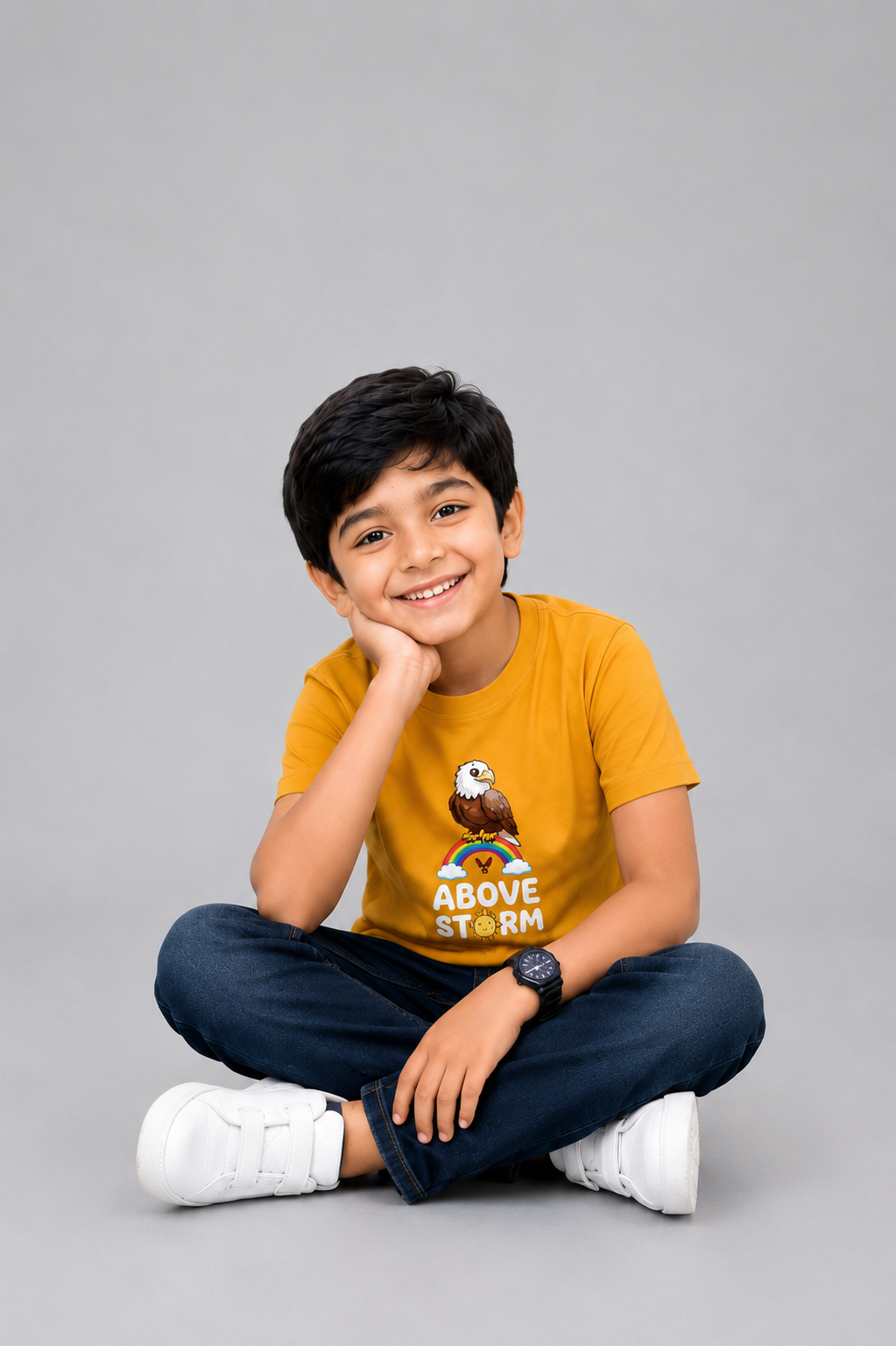 Above Strom Kid's Unisex Mustard Yellow Cotton Round Neck T-Shirt