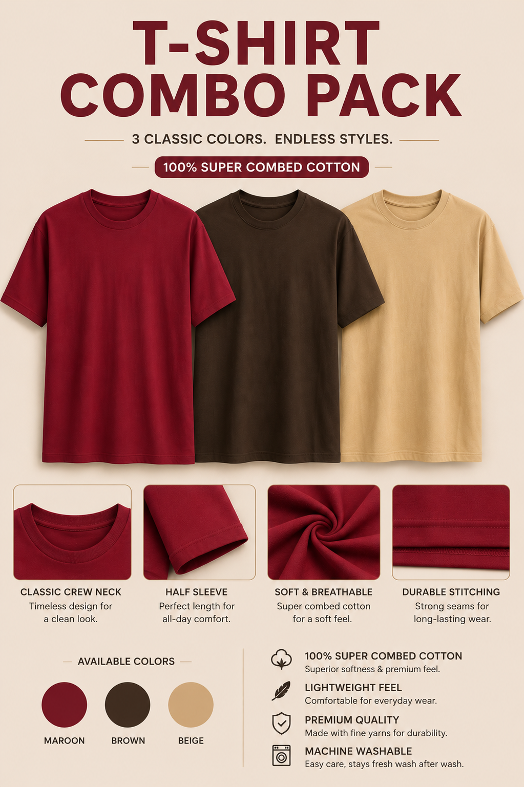 Kavod Lifestyle  Combo of 3 Super Combed Cotton T-Shirts in Beige, Brown & Maroon