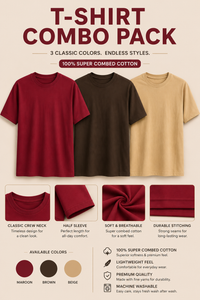 Kavod Lifestyle  Combo of 3 Super Combed Cotton T-Shirts in Beige, Brown & Maroon