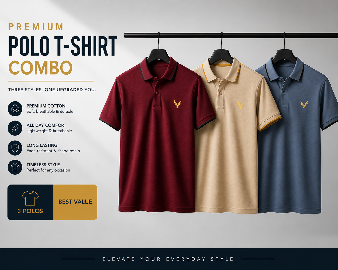 Kavod Lifestyle Men’s Combo Pack of 3 Premium Polo T-Shirts | Beige, Maroon & Blue