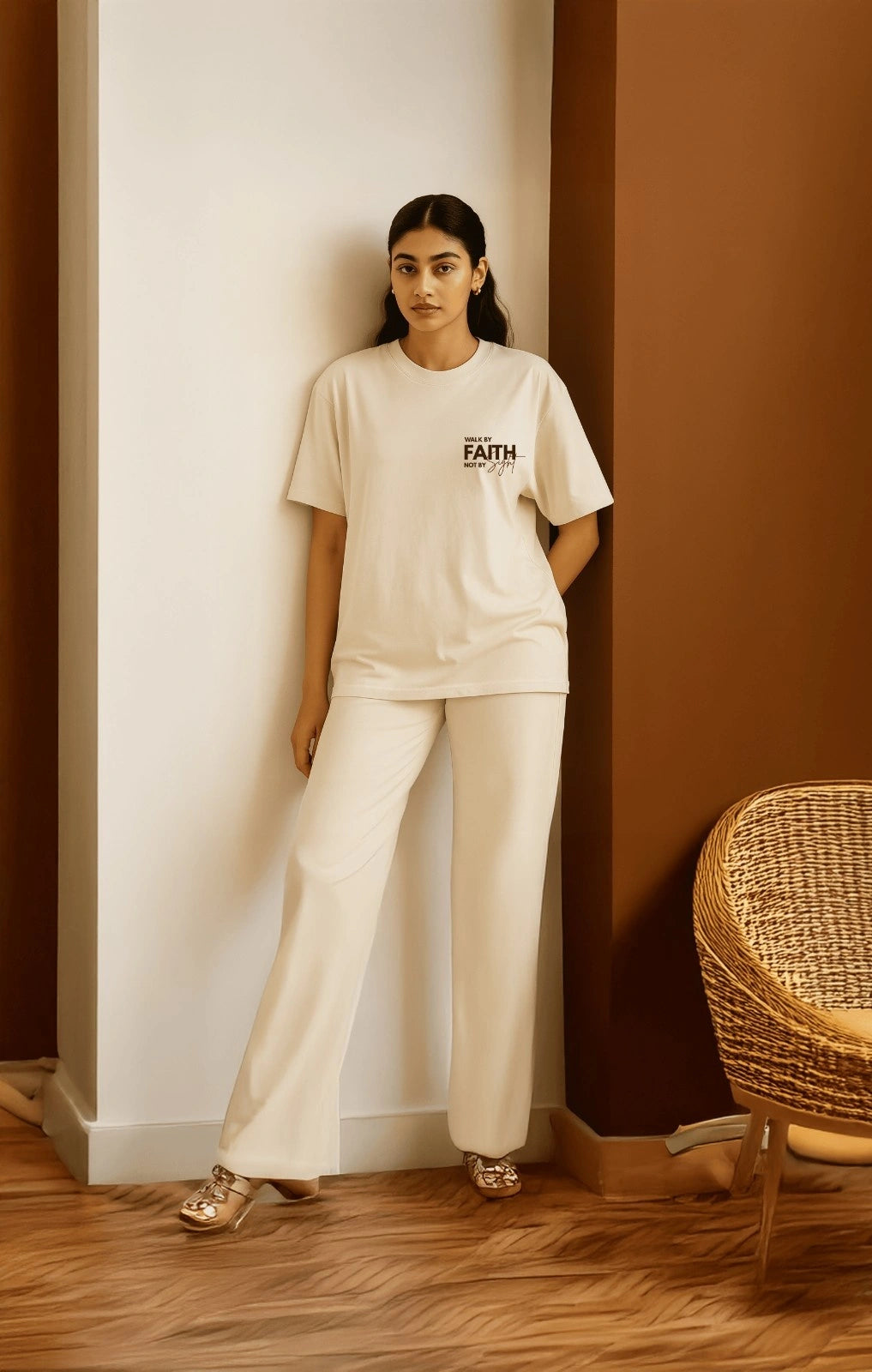 Woman wearing a beige t-shirt and pants standing against a brown wall with a wicker chair.